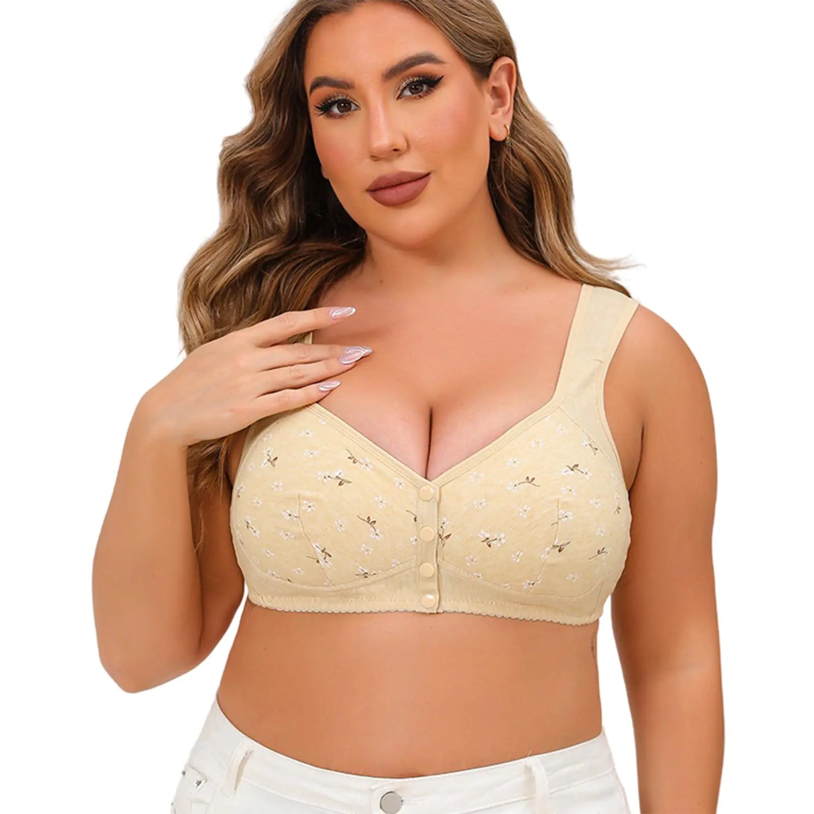 Daisy Bras for Older Women Floral Plus Size Bras Wireless Bras Front Closure Bras for Senior Comfort Bra Tshirt Bras (5XL Beige)