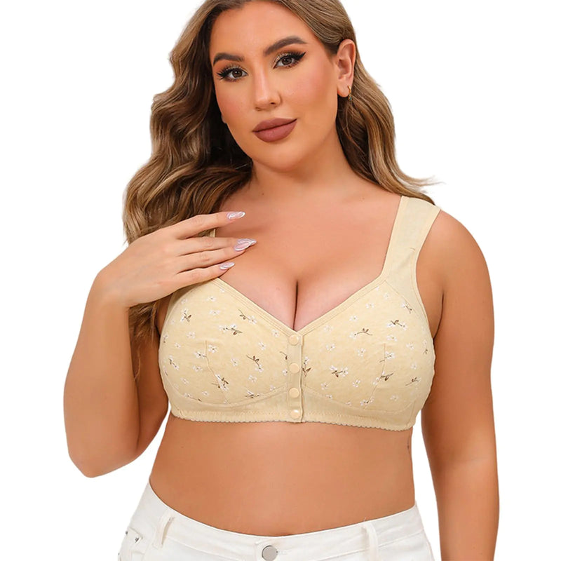 Daisy Bras for Older Women Floral Plus Size Bras Wireless Bras Front Closure Bras for Senior Comfort Bra Tshirt Bras (5XL Beige)