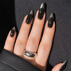 Silver French Tip Glue on Nails Long Almond Black Press on Nails Glossy Acrylic False Nails Artificial Fake Stick on Nails for Women Girls