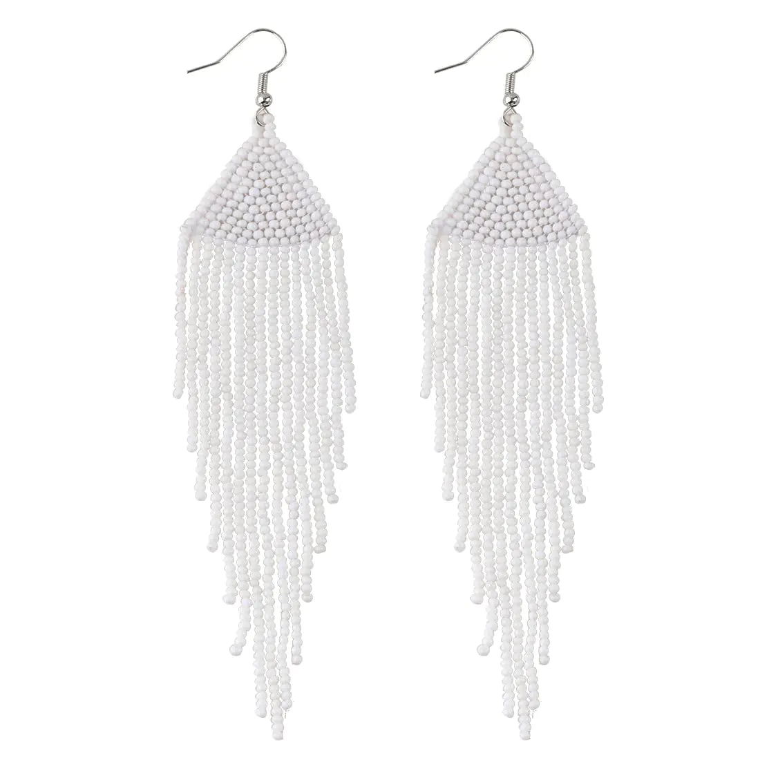Samiyack Native Long Beaded Earrings – Bohemian Handmade Beaded Tassel Large Statement Dangle Earrings Boho Mexican Tribal Seed Bead Big Fringe Drop Earrings for Women (White)