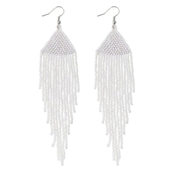 Samiyack Native Long Beaded Earrings – Bohemian Handmade Beaded Tassel Large Statement Dangle Earrings Boho Mexican Tribal Seed Bead Big Fringe Drop Earrings for Women (White)