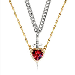 Gothic Punk One Arrow Through The Heart Creative Two Color Couple Necklace Red Rhinestone Heart Dagger Necklace Good Friend Gift Fashion Jewelry