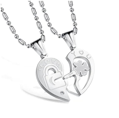 Titanium Steel Key Puzzle Couple Necklace with Rhinestones