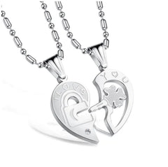 Titanium Steel Key Puzzle Couple Necklace with Rhinestones