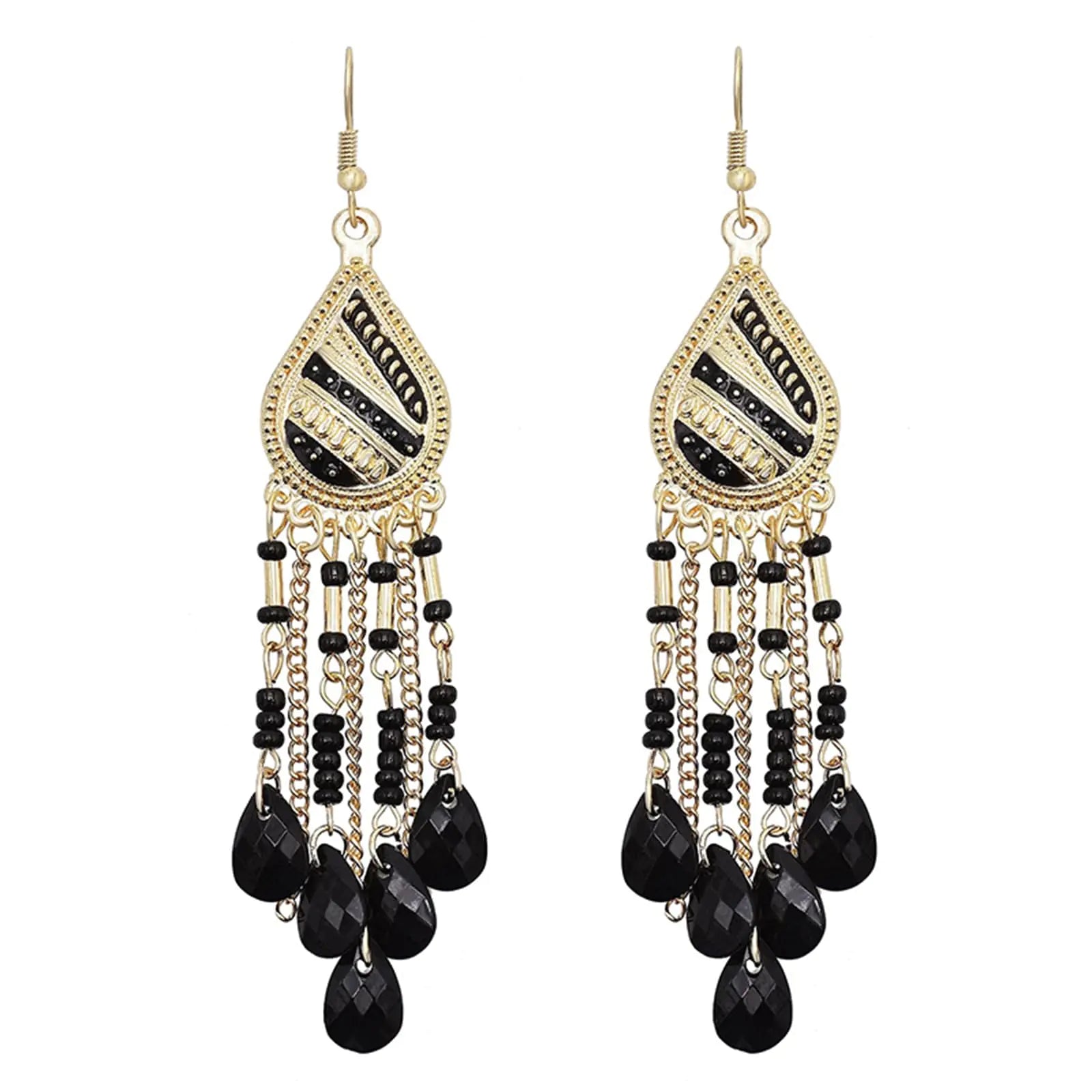 Coadipress Long Bohemian Drop Dangle Earrings for Women Retro Colorful Tassel Statement Drop Earrings Beaded Tassel Chandelier Earring Boho Elegant Jewelry (Gold Black)