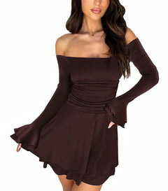 MiiVoo Womens 2024 Fall Long Sleeve Tube Dress Sexy Off Shoulder Ruffle Tiered Flowy Bodycon Mini Dresses (US Alpha Small Regular Regular Coffee)