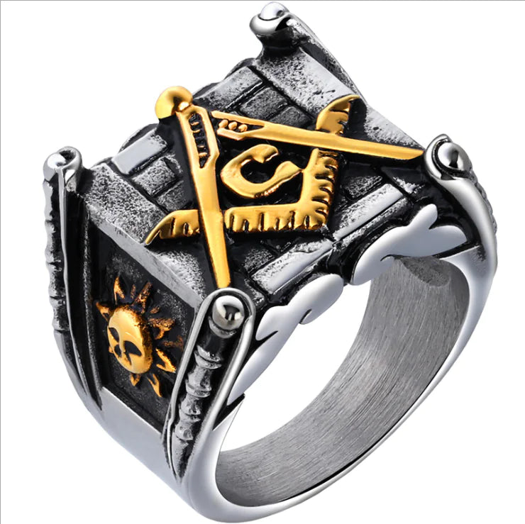 Men's Vintage Sun and Moon Titanium Steel Ring masonic