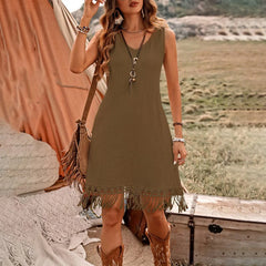 Women Elegant Solid Color V Neck Fringe Detail Sleeveless Bohemian Dress.