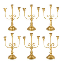 Romadedi Candelabra Gold Candle Holders - 3 Arm 11.8" Wedding Candlestick Holder for Theme Party Table Centrepiece Decor Dining Room Birthday Holiday Christmas Set of 6