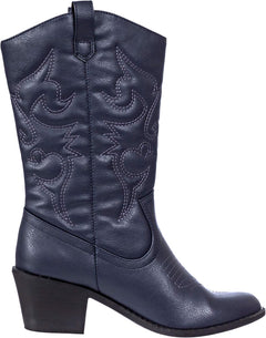 Cowboy Boots for Women Mid-Calf Boot Embroidered Stiching Western Cowgirl Boots Low Stacked Heel.