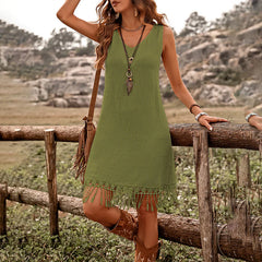 Women Elegant Solid Color V Neck Fringe Detail Sleeveless Bohemian Dress.