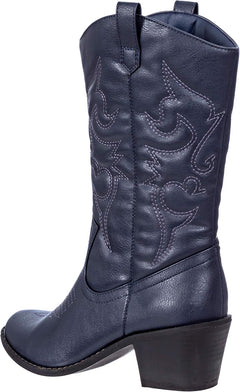 Cowboy Boots for Women Mid-Calf Boot Embroidered Stiching Western Cowgirl Boots Low Stacked Heel.