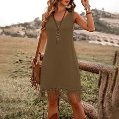 Women Elegant Solid Color V Neck Fringe Detail Sleeveless Bohemian Dress.