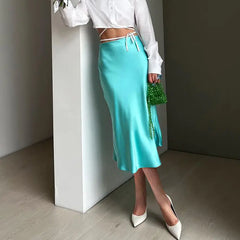 Elegant Satin Mid-Length Skirt/ High-Waist A-Line Skirt