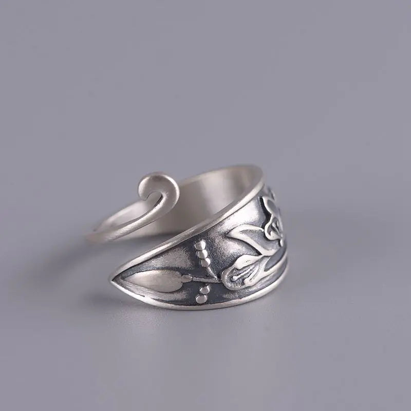 Retro Ethnic Style Lotus Peacock Adjustable Ring