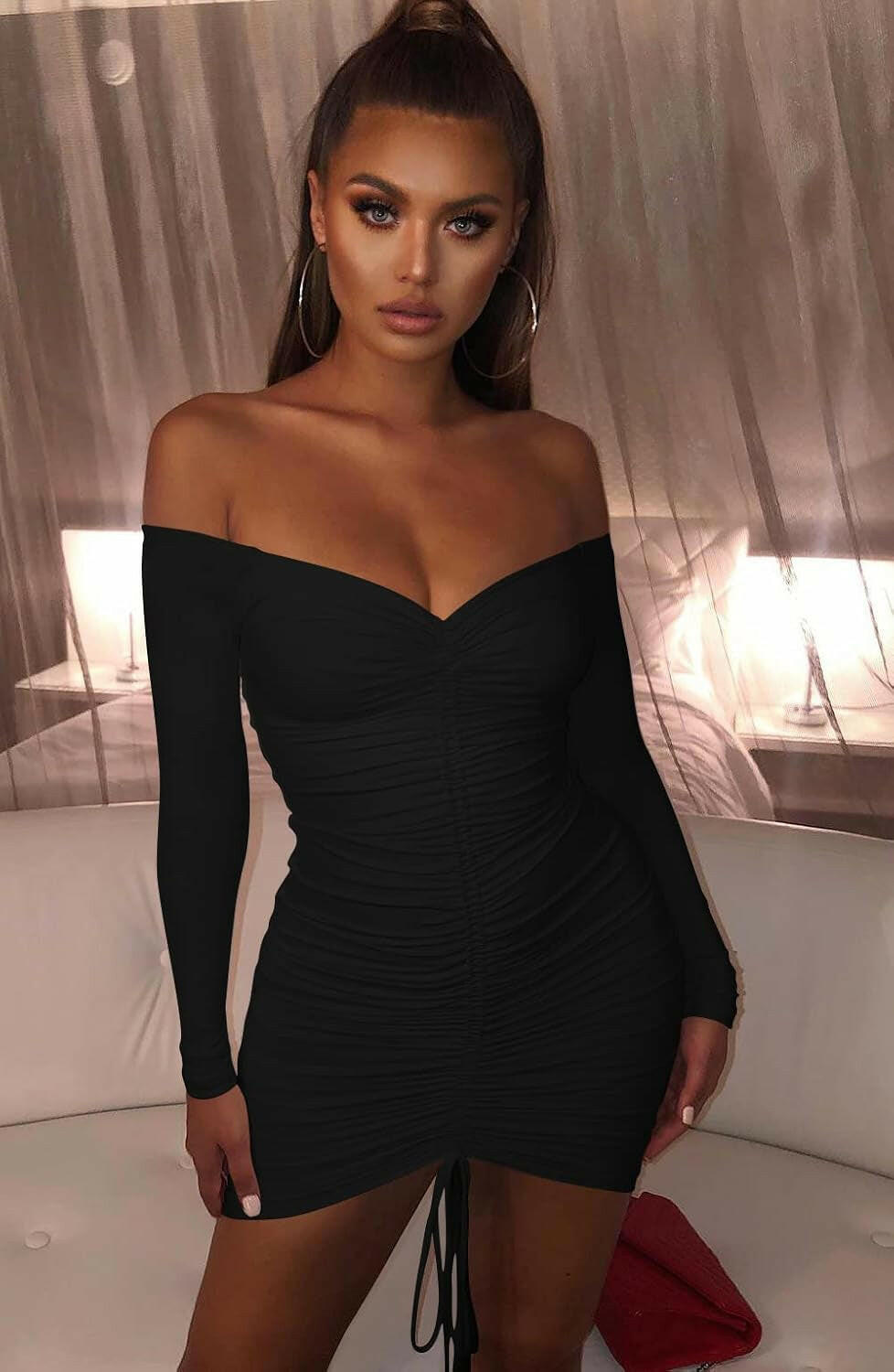 Women'S Sexy Long Sleeve Fall Prom Club Slim Fit Knee Length Dress Black, Medium.