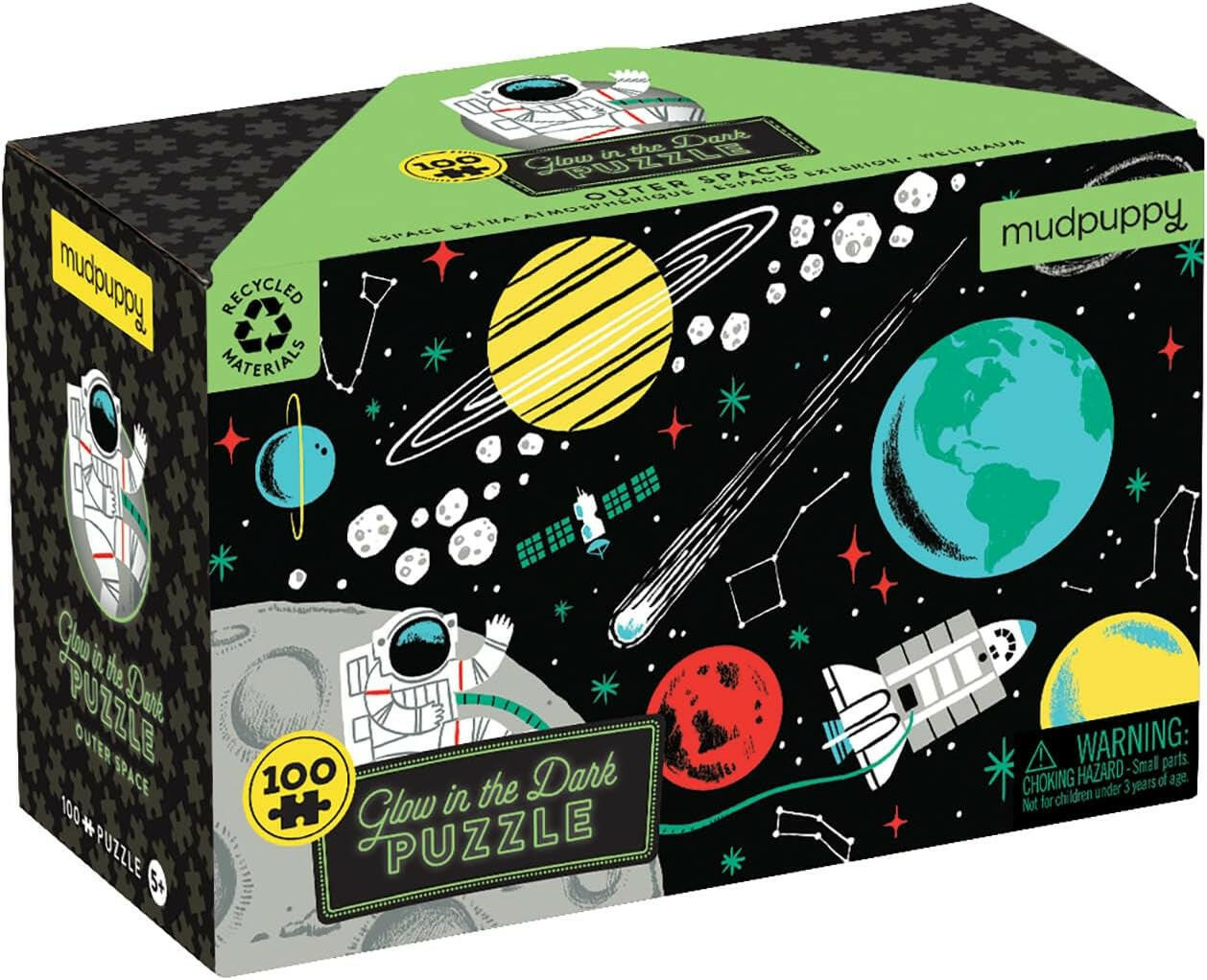 Outer Space – 100 Piece Glow in the Dark Jigsaw Puzzle with a Fun Scene of Planets and Stars and Hidden Details in the Dark.