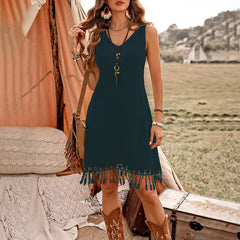 Women Elegant Solid Color V Neck Fringe Detail Sleeveless Bohemian Dress.