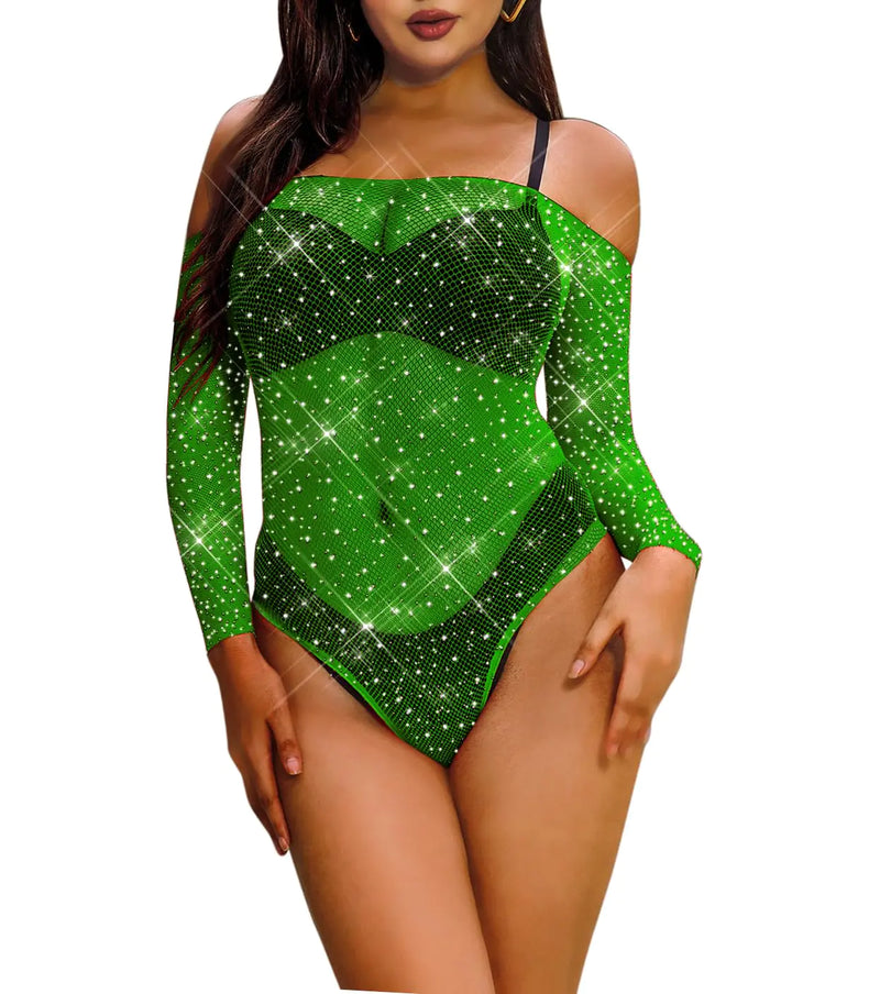 LUCKELF Womens Black Fishnet Bodysuit Sparkle Rhinestone Top Lingerie Thong Bodysuit (Large Green)