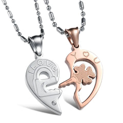 Titanium Steel Key Puzzle Couple Necklace with Rhinestones