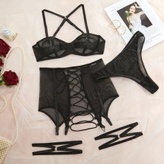 Sensual Lingere Exotic Bandage Garter with Stockings Transparent Bra Intimate Hard Woman 3Piece Black Fancy Underwear
