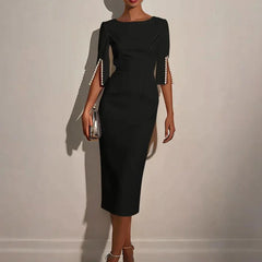 Women Elegant Solid Pearl Embellished Back Zipper and Slit Sleeves round Neck Dress.