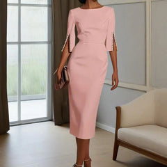 Women Elegant Solid Pearl Embellished Back Zipper and Slit Sleeves round Neck Dress.