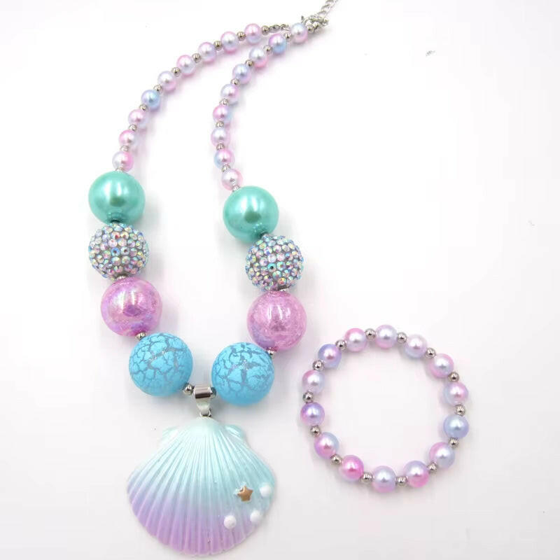 1Set/Lot NEW Child Girls Love Pink Shell Design Pendant with Chunky Bead Bubblegum Necklace Bracelet Jewelry Set for Kids Gift.