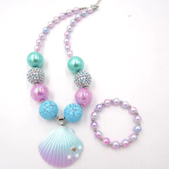1Set/Lot NEW Child Girls Love Pink Shell Design Pendant with Chunky Bead Bubblegum Necklace Bracelet Jewelry Set for Kids Gift