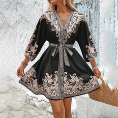 Women Elegant V Neck Lantern Sleeve Wrap Waist Tie Floral Print Dress