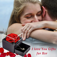 Preserved Red Real Rose with Heart I Love You Necklace，Eternal Flowers Rose Birthday Gifts for Women Her Mom Wife Girlfriend Grandma on Valentines Mothers Day Christmas Anniversary Romant.