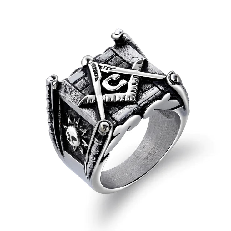 Men's Vintage Sun and Moon Titanium Steel Ring masonic