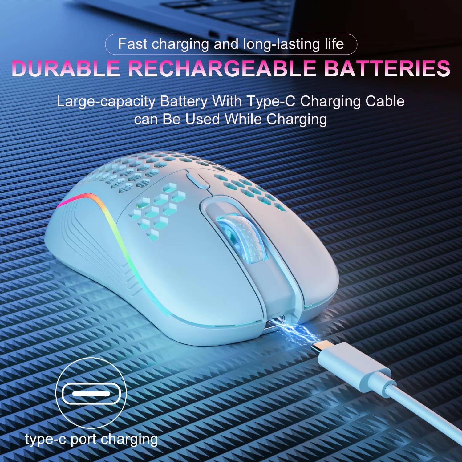 2.4G Wireless Mouse with RGB Backlit 6-Button 3-Speed DPI Type C Rechargeable Ergonomic Honeycomb Design Gaming Mouse.