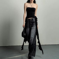 Y2K Tank Tops Asymmetrical Fringed Ruffle Top Streetwear Black Strapless Womans Summer Clothes