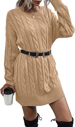 Womens Sweater Dress Crewneck Long Sleeve Cable Knitted Dress Casual Loose Knit Mini Dress Khaki.