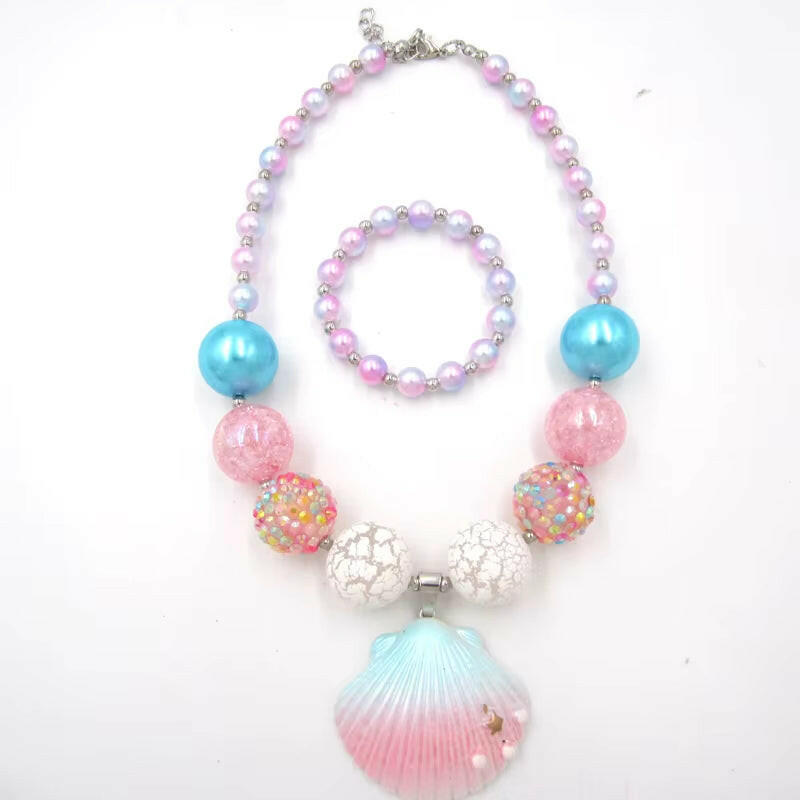 1Set/Lot NEW Child Girls Love Pink Shell Design Pendant with Chunky Bead Bubblegum Necklace Bracelet Jewelry Set for Kids Gift.