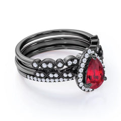 1.75 Carat Teardrop Vintage Simulated Ruby Trio Set in 18K Black Gold over Silver.