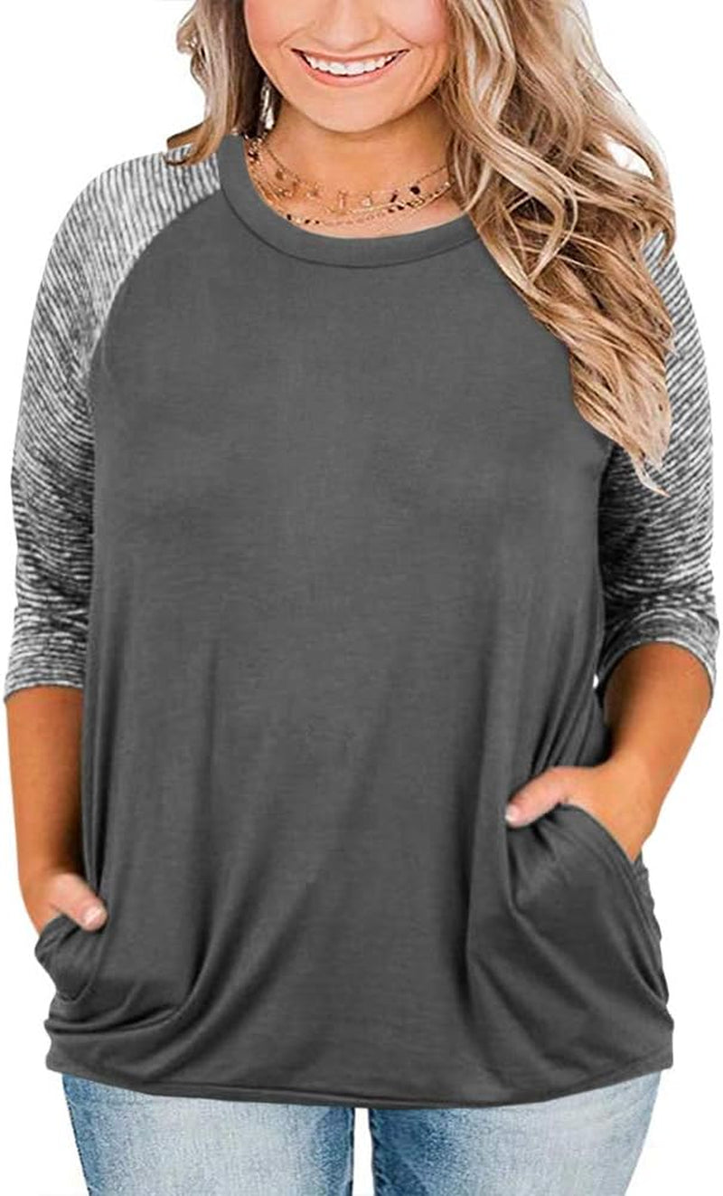 Womens Tops plus Size Raglan Shirt Short Sleeve 3/4 Sleeve Striped Crew Neck Tshirt Tunic with Pockets (5X, B-Grey)