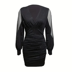 Women Sexy Deep V Neck Ruffle Bodycon Mesh Long Sleeve Dress.