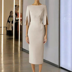 Women Elegant Solid Pearl Embellished Back Zipper and Slit Sleeves round Neck Dress.