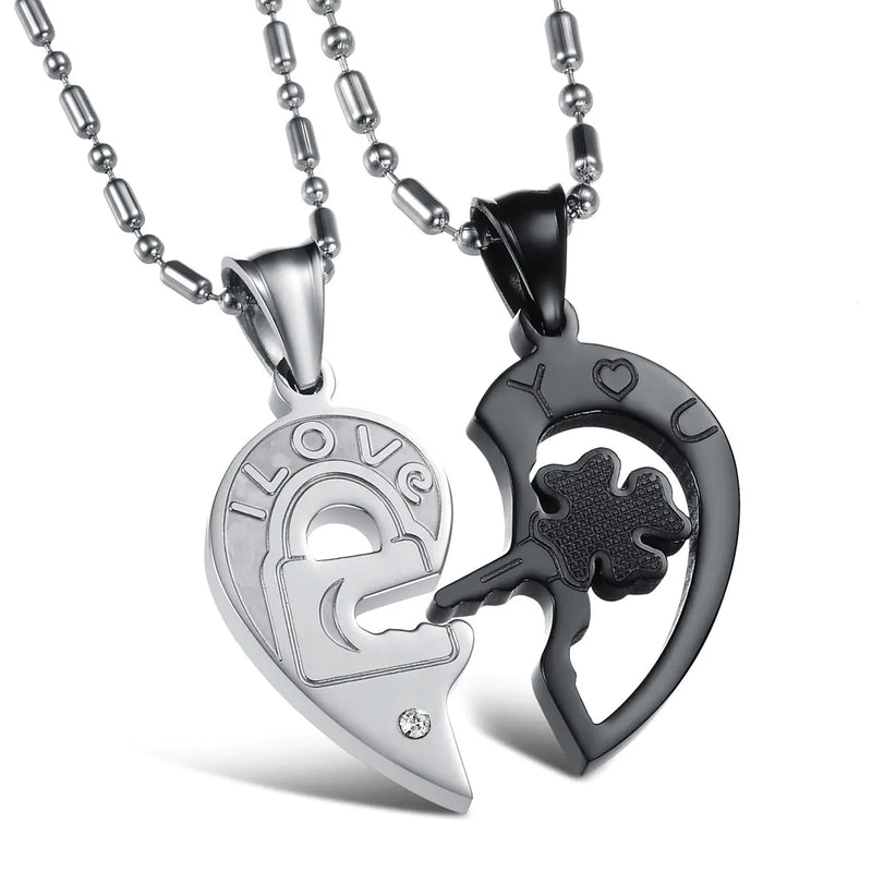 Titanium Steel Key Puzzle Couple Necklace with Rhinestones