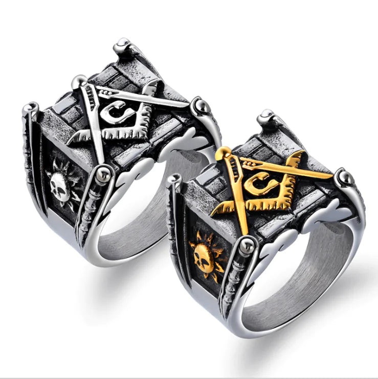 Men's Vintage Sun and Moon Titanium Steel Ring masonic