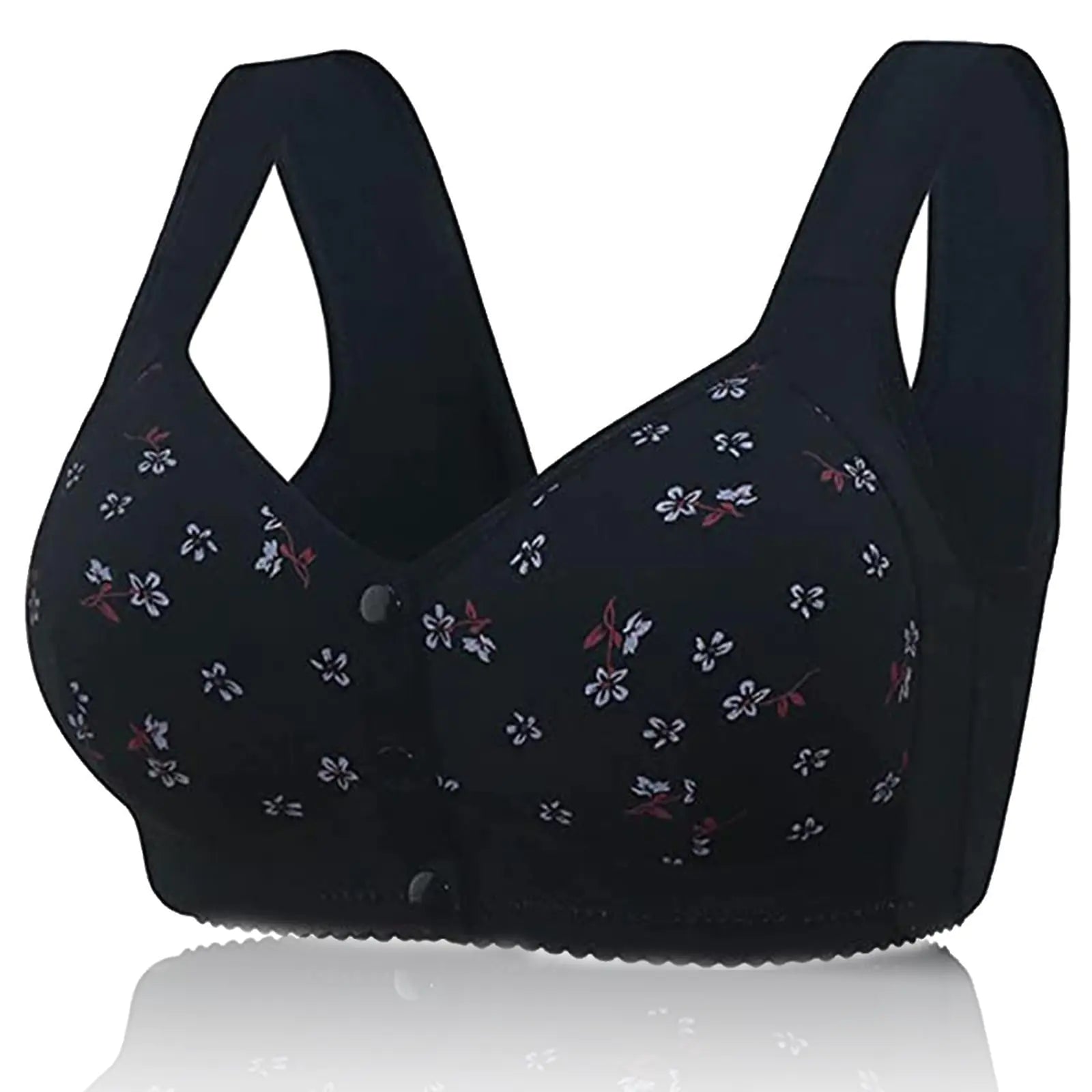 FHTECO Senior Women Daisy Bras Plus Size Front Closure Bras T-Shirt Bras Comforable Wireless Bra Breastfeeding Bras (S 1#Black)