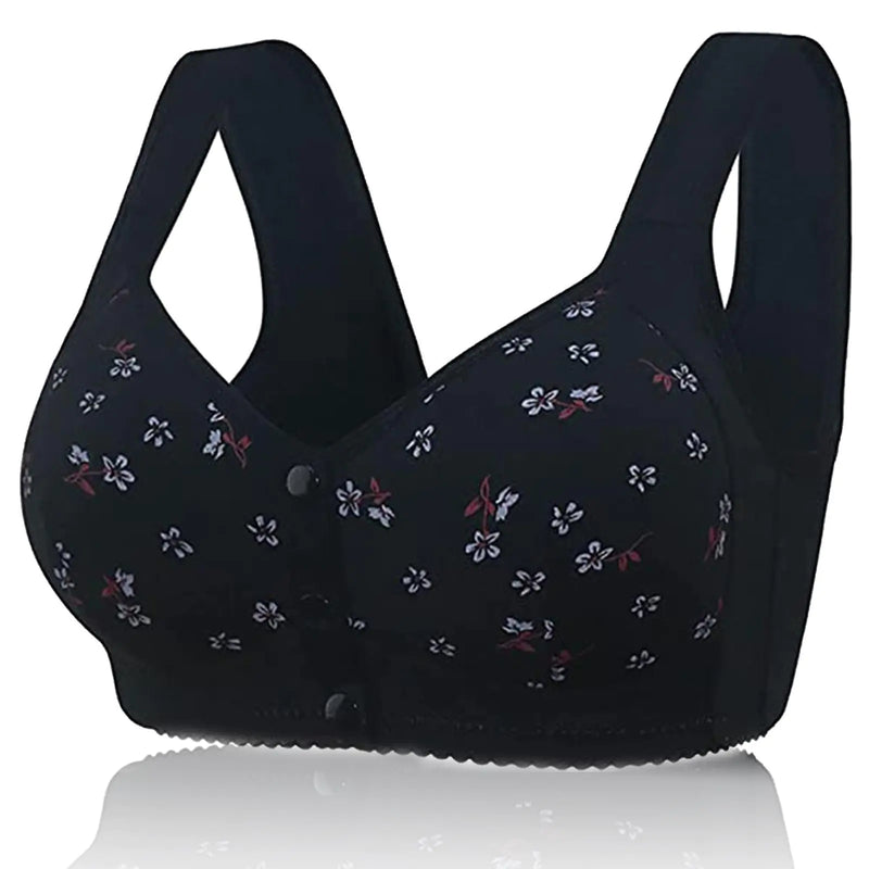 FHTECO Senior Women Daisy Bras Plus Size Front Closure Bras T-Shirt Bras Comforable Wireless Bra Breastfeeding Bras (S 1#Black)