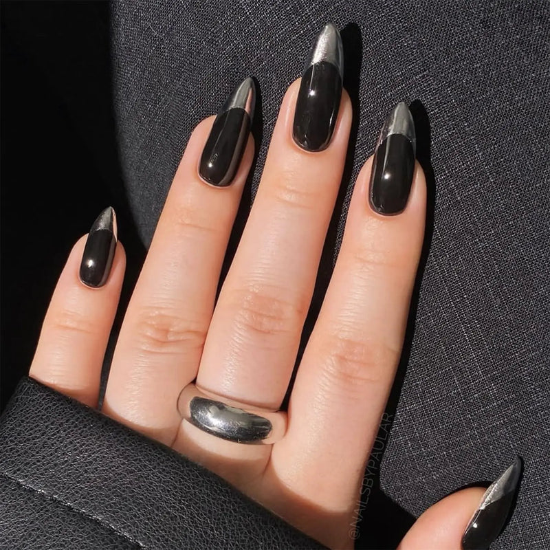 Silver French Tip Glue on Nails Long Almond Black Press on Nails Glossy Acrylic False Nails Artificial Fake Stick on Nails for Women Girls