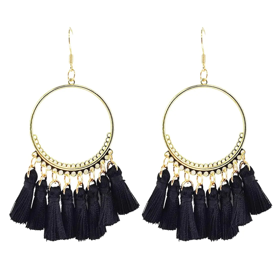 Kaseakia Hoop Tassel Earrings for Women Big Large Handmade Boho Bohemian Tassel Dangle Earrings (Black)