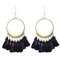 Kaseakia Hoop Tassel Earrings for Women Big Large Handmade Boho Bohemian Tassel Dangle Earrings (Black)