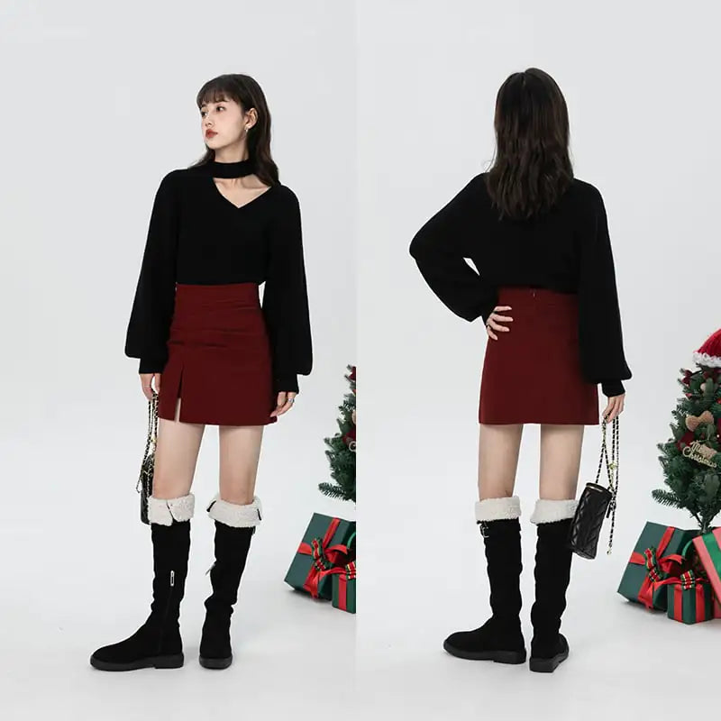 Retro Women's High Waist A-line Woolen Skirt