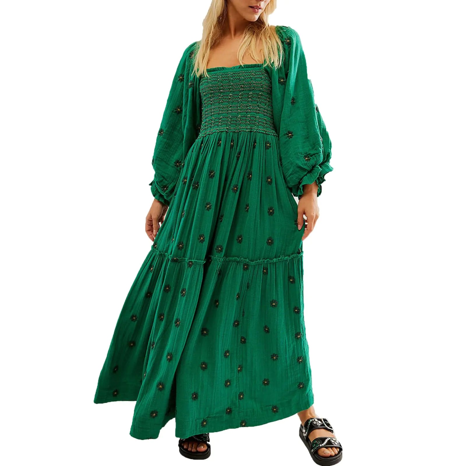 Chloefairy Womens Flower Embroidered Maxi Dress Lantern Sleeve Square Neck Tiered Flowy Spring Fall Dress (US Alpha Small Regular Regular Dark Green)