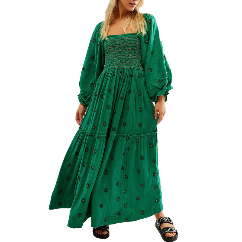 Chloefairy Womens Flower Embroidered Maxi Dress Lantern Sleeve Square Neck Tiered Flowy Spring Fall Dress (US Alpha Small Regular Regular Dark Green)